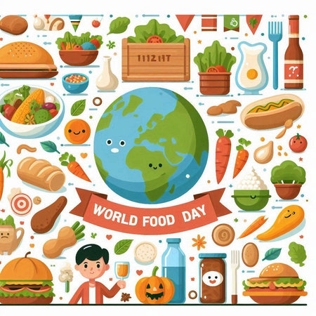World food day poster with healthy food icons in flat style isolated vector illustrationのイラスト素材