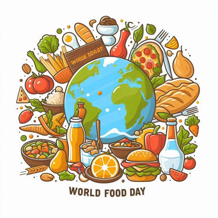 World food day poster. Vector illustration of world food day design with doodle elements.のイラスト素材