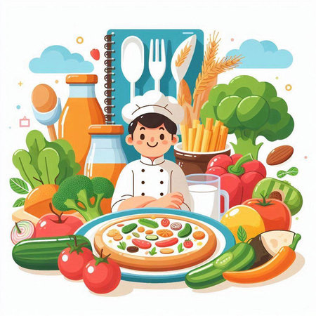 Cartoon vector illustration of a chef with a pizza and vegetables.のイラスト素材