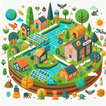 Isometric village with houses, trees, birds, flowers, birds and plants. Vector illustrationのイラスト素材