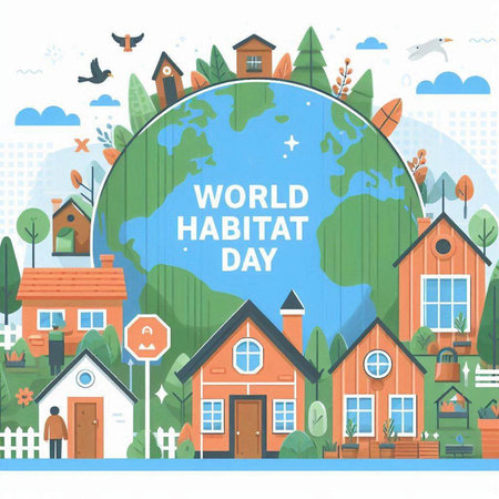 World Earth Day concept with buildings, houses and trees. Vector illustration.のイラスト素材