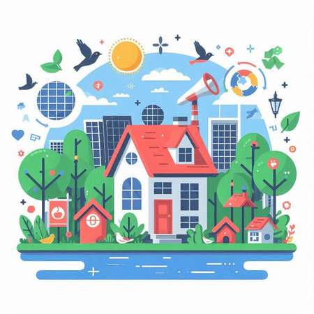 Ecology concept. Eco friendly houses with solar panels. Vector illustrationのイラスト素材