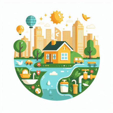 Flat design vector illustration concept of urban landscape with green city, river, house, tree, birds, watering can, flowers and other objects.のイラスト素材