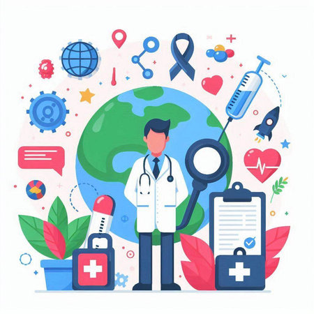 World Health Day concept. Doctor with stethoscope and globe. Vector illustrationのイラスト素材