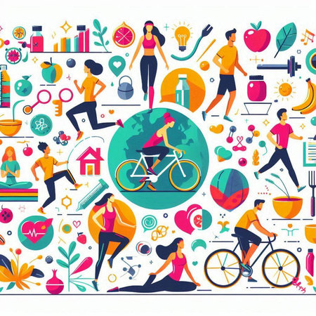 Healthy lifestyle concept with people and fitness icons. Vector illustration.のイラスト素材