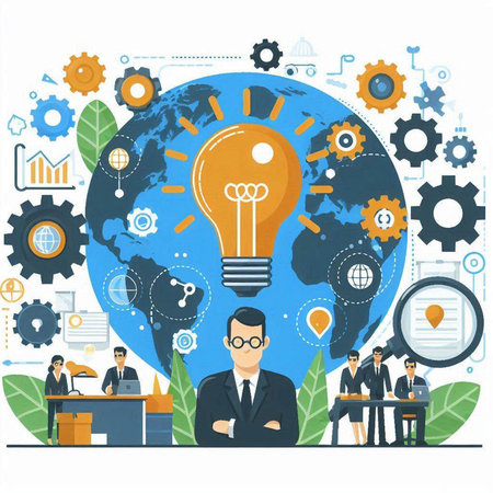 Businessman with a lightbulb on the background of the planet. Vector illustrationのイラスト素材