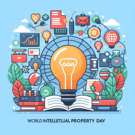 World Intellectual Property Day. Vector illustration in flat line style with icons.のイラスト素材