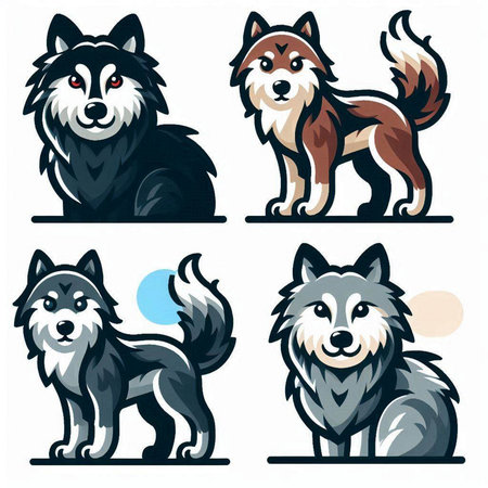 Set of black and white vector illustrations of a husky dog.のイラスト素材