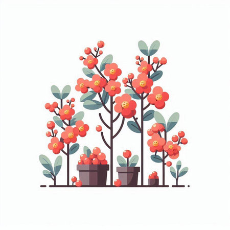 Flowering tree with red flowers. Vector illustration in cartoon styleのイラスト素材