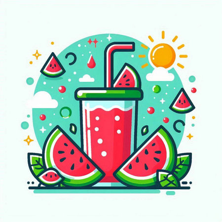 Watermelon smoothie in a glass with watermelon slices. Vector illustration.のイラスト素材