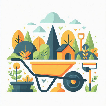 Gardening concept. Landscape with wheelbarrow, rake, shovel, house and trees. Vector illustration in flat styleのイラスト素材