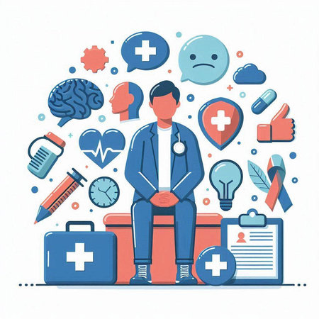 Vector illustration of doctor in flat style with medical icons. Health care concept.のイラスト素材