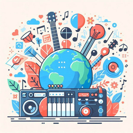 Music concept. Vector illustration in flat design style. Colorful composition with musical instruments.のイラスト素材