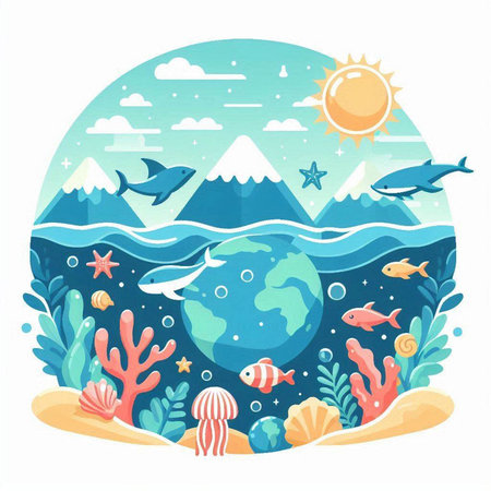 Underwater world vector illustration. Cute cartoon sea landscape with ocean, fish, starfish, seaweed, starfish and planet.のイラスト素材