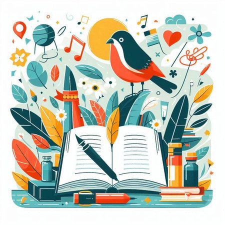 Vector illustration of school subjects. Books, pencils, eraser, pen, note, globe, bird. Back to school.のイラスト素材