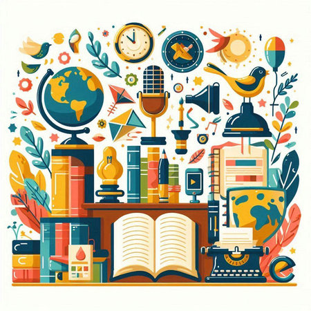 Back to school and education concept with books, globe, bookshelf, school supplies. Vector illustrationのイラスト素材