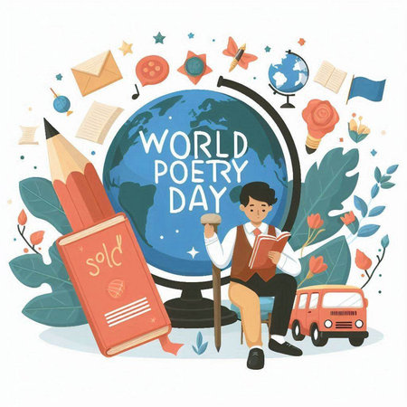 World book day concept with globe, books, pencils and teacher. Vector illustrationのイラスト素材