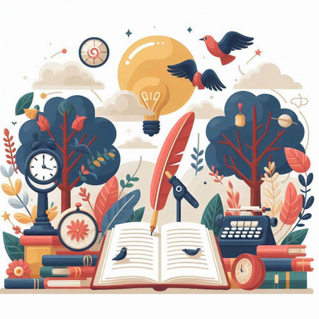 Vector illustration of education concept with books, books, feather pen, lamp, clock and bird.のイラスト素材