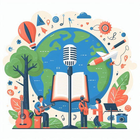 Vector illustration of people with music instruments around planet Earth. Flat style design.のイラスト素材