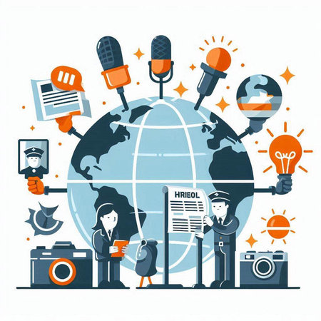 Journalism concept. Vector illustration in flat style. Man with microphone, newspaper, camera, lamp, lightbulb, world globe.のイラスト素材