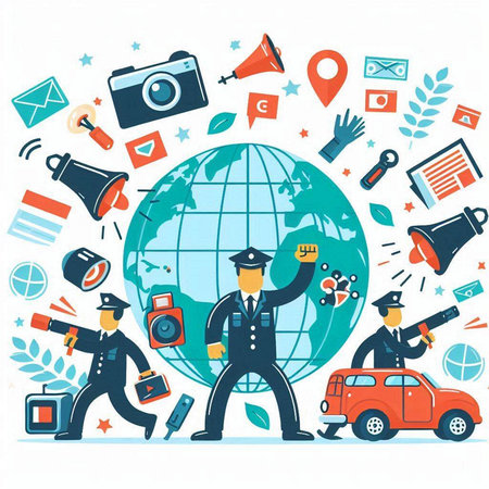 Vector illustration of a police officer with a globe and various icons aroundのイラスト素材