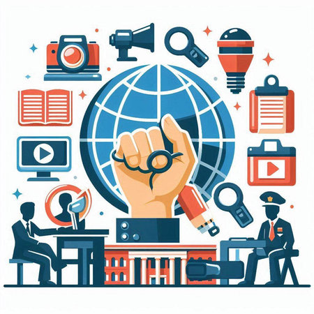 Hands holding handcuffs on globe. Vector illustration in flat style.のイラスト素材