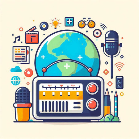 Vector illustration in flat line style - Radio, music, radio station, world, communication, technology.のイラスト素材