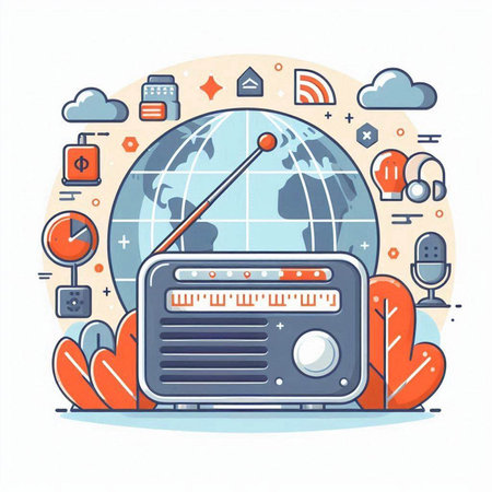Vector illustration of modern flat line design style. Radio with world map and icons.のイラスト素材