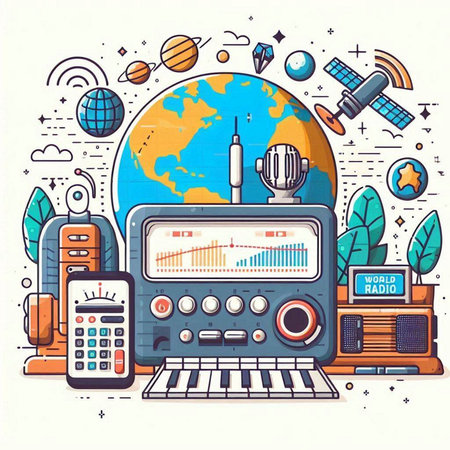Vector illustration of a planet earth, satellite, radio, radio, mobile phone.のイラスト素材