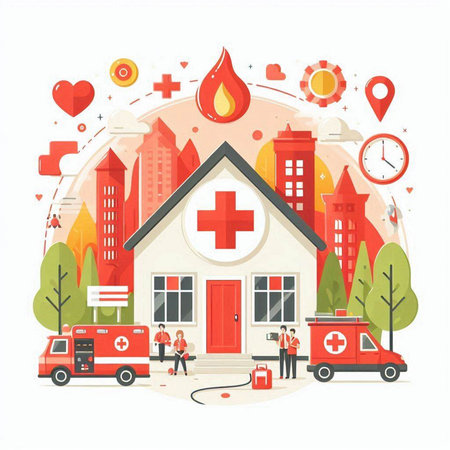 Flat design vector illustration concept of emergency medical services, ambulance, fire department, ambulance, first aid kit.のイラスト素材