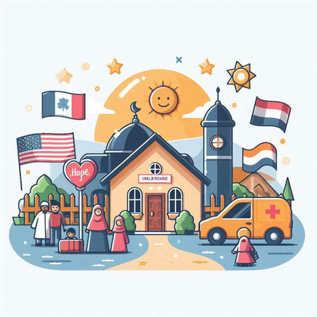 Vector illustration in flat linear style - School building with children and flags of countriesのイラスト素材