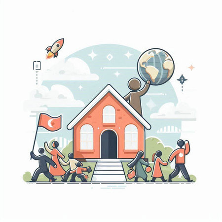 Vector illustration of group of people with globe, house and rocket.のイラスト素材