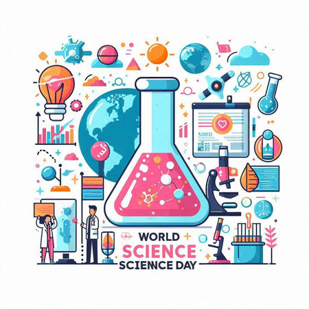 Science and technology background with flat icons. Vector illustration in line art styleのイラスト素材