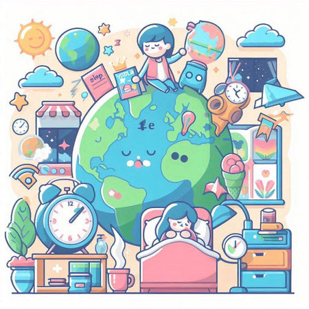 Vector illustration of a cute little girl on the globe. School and education concept.のイラスト素材