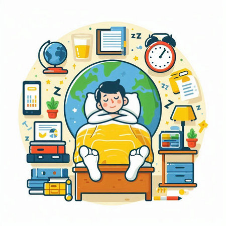 Vector illustration of a man sleeping on a pillow in front of the globeのイラスト素材