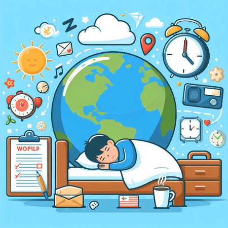 Illustration of a man sleeping in bed with a world globe on his backのイラスト素材