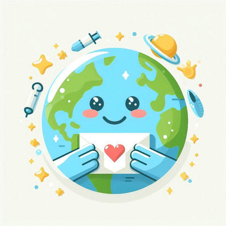 Cute cartoon planet earth holding envelope with heart. Vector illustration.のイラスト素材