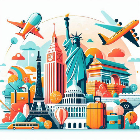 Travel and tourism concept with famous landmarks of the world. Vector illustrationのイラスト素材