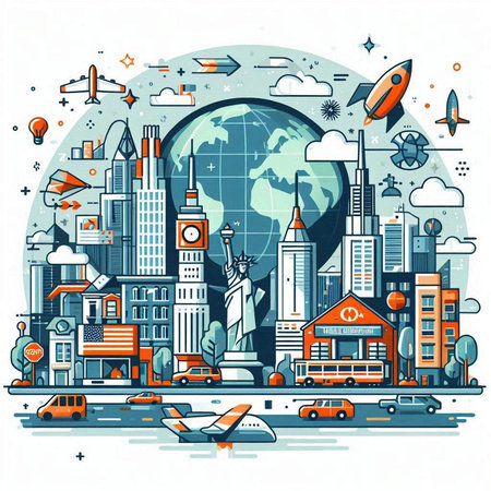 Vector illustration of travel around the world concept with famous buildings and landmarksのイラスト素材
