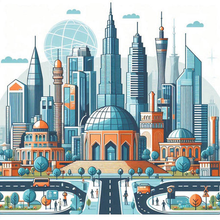 Cityscape with skyscrapers, buildings and street. Vector illustrationのイラスト素材