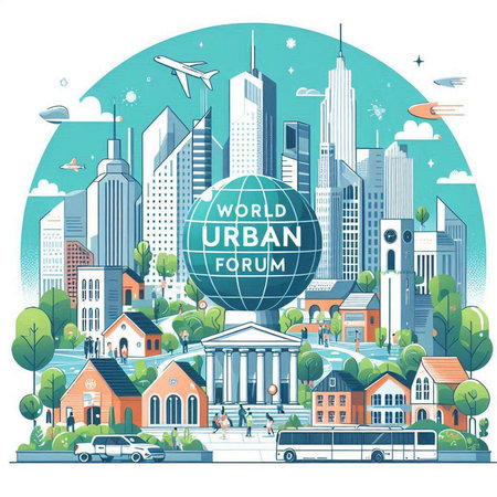 Urban landscape with buildings and streets in flat style. Vector illustration.のイラスト素材