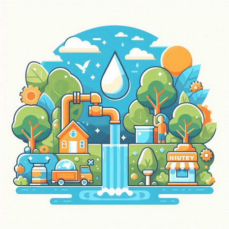 Flat design vector illustration concept of water supply in city. Environment, ecology, natural resources.のイラスト素材