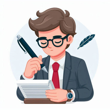 Businessman writing in a notebook. Vector illustration in cartoon style.のイラスト素材