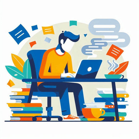 Vector illustration of a young man sitting at a desk in front of a laptop.のイラスト素材