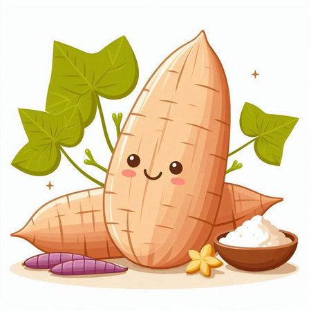 Cute Cartoon Sweet Potato with Vegetables. Vector Illustration.のイラスト素材