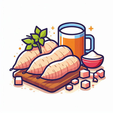 Illustration of chicken fillet with spices and a glass of beerのイラスト素材