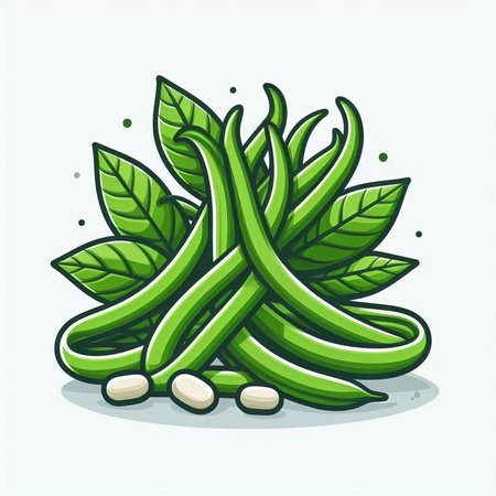 Green beans with leaves isolated on a white background. Vector illustration.のイラスト素材