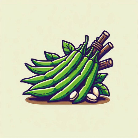 Illustration of a bunch of green beans with wooden chopsticks.のイラスト素材