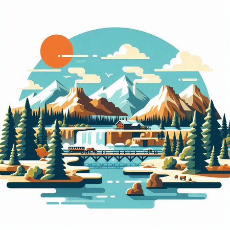 Mountain landscape with river and forest. Vector illustration in flat styleのイラスト素材