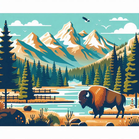 Mountain landscape with bison and lake. Vector illustration in retro style.のイラスト素材